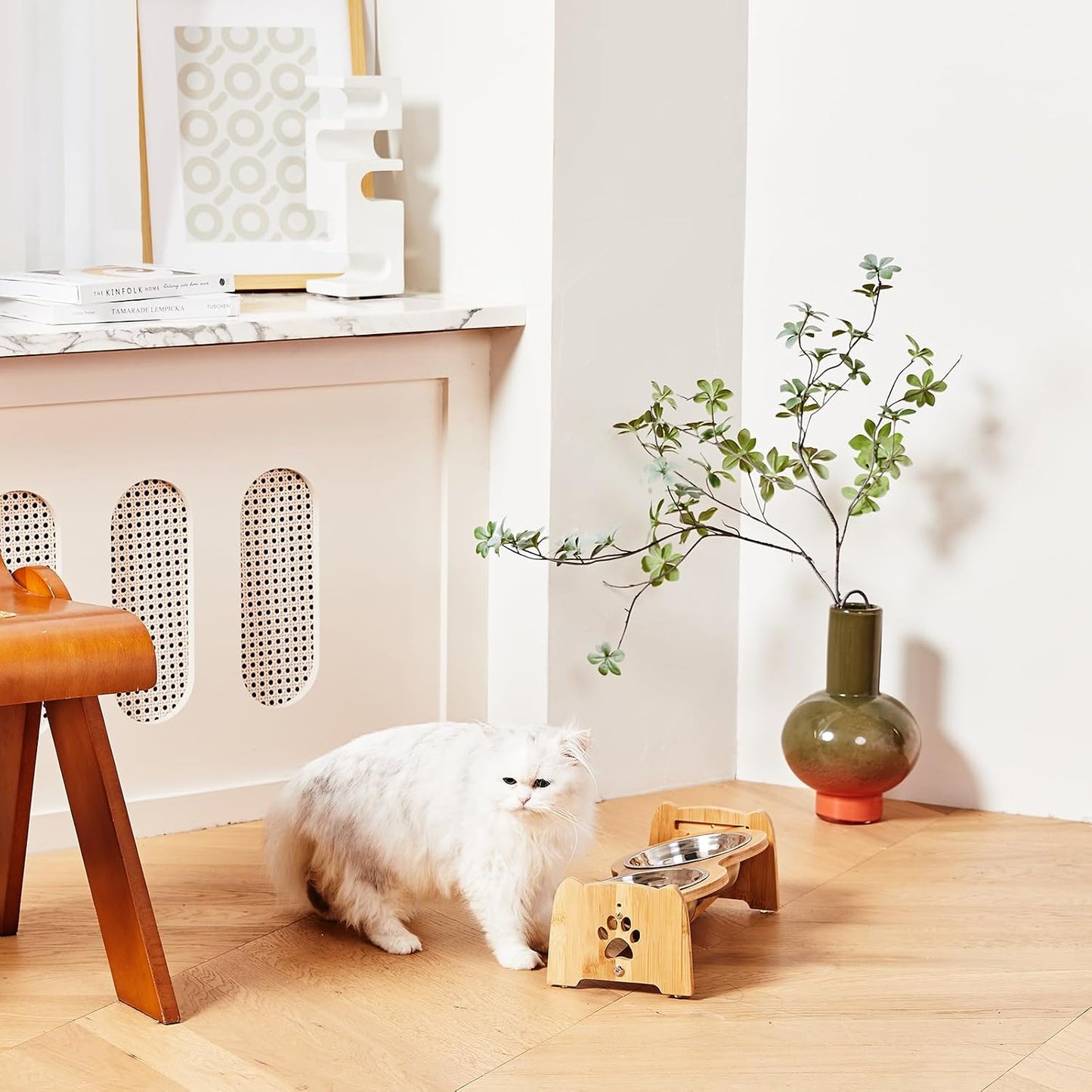 Adjustable Elevated Bamboo Pet Feeder with 2 Stainless Steel Bowls – Raised Food & Water Stand for Small Dogs & Cats (4"–4.5")