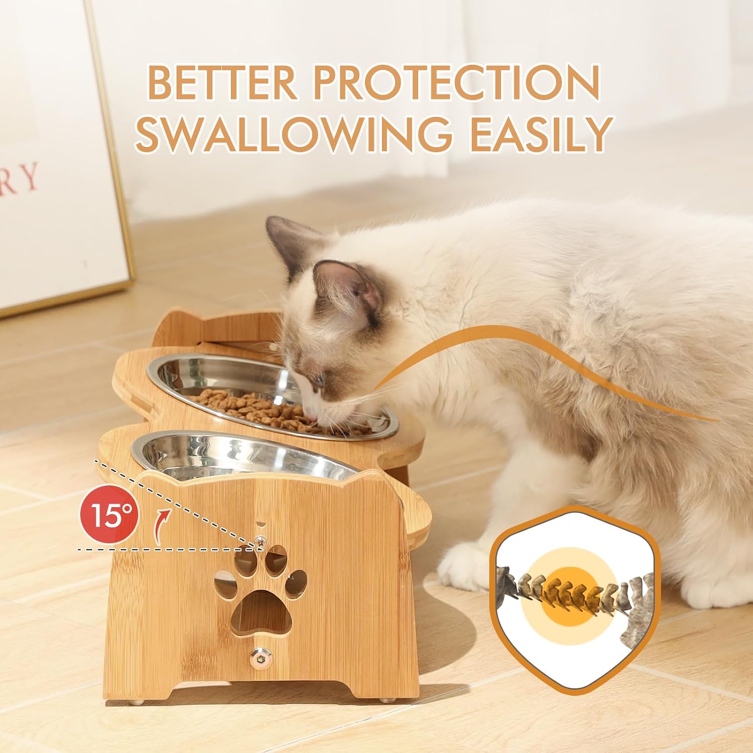 Adjustable Elevated Bamboo Pet Feeder with 2 Stainless Steel Bowls – Raised Food & Water Stand for Small Dogs & Cats (4"–4.5")