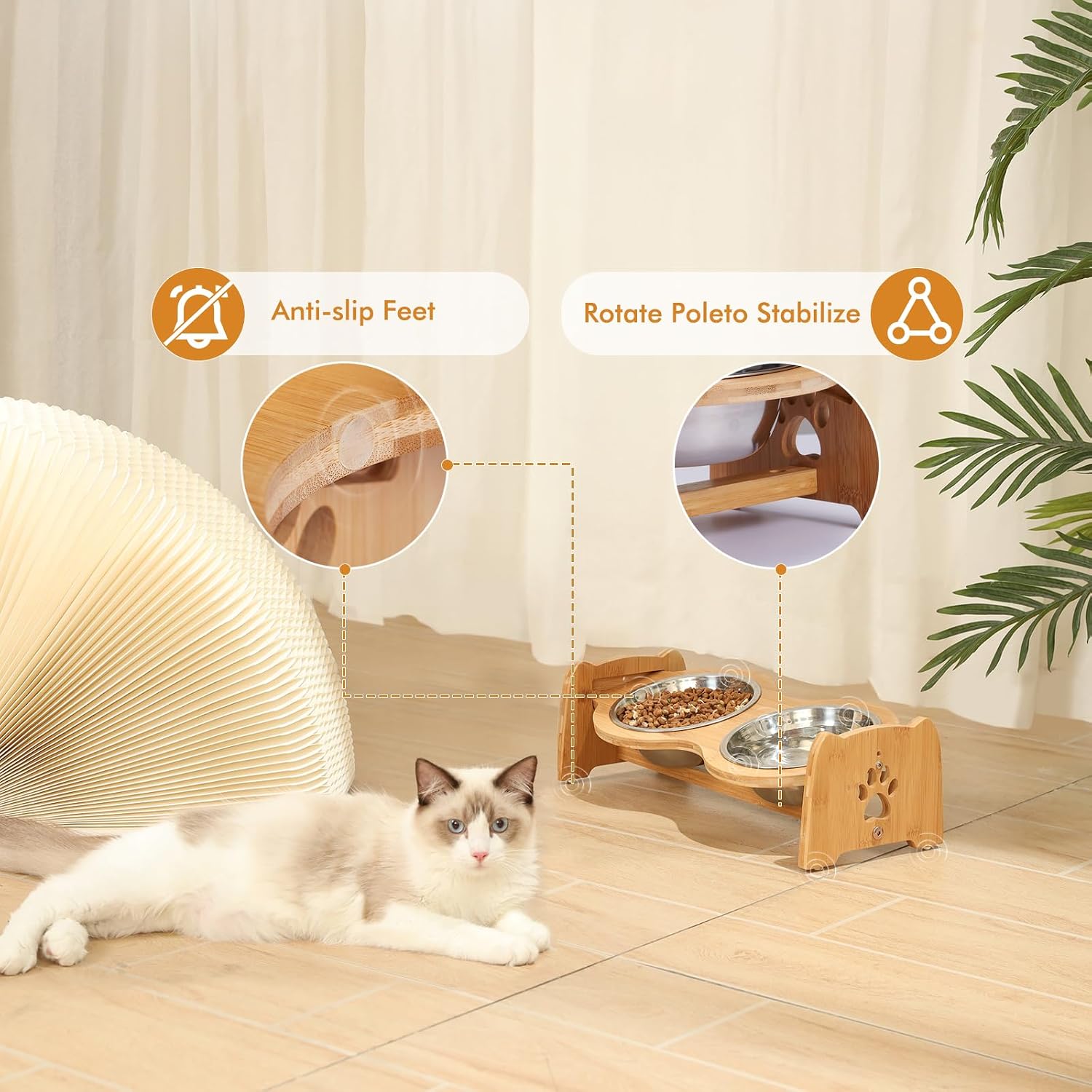 Adjustable Elevated Bamboo Pet Feeder with 2 Stainless Steel Bowls – Raised Food & Water Stand for Small Dogs & Cats (4"–4.5")