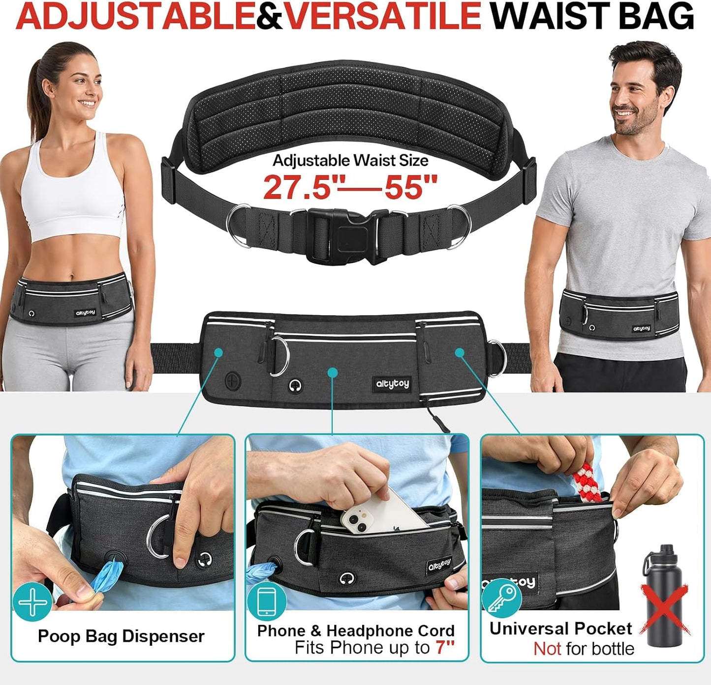 Hands-Free Double Dog Leash for 2 Dogs: Heavy-Duty Shock-Absorbing Bungee, Adjustable Waist Belt – Perfect for Running, Hiking & Daily Walks (Medium & Large Dogs)