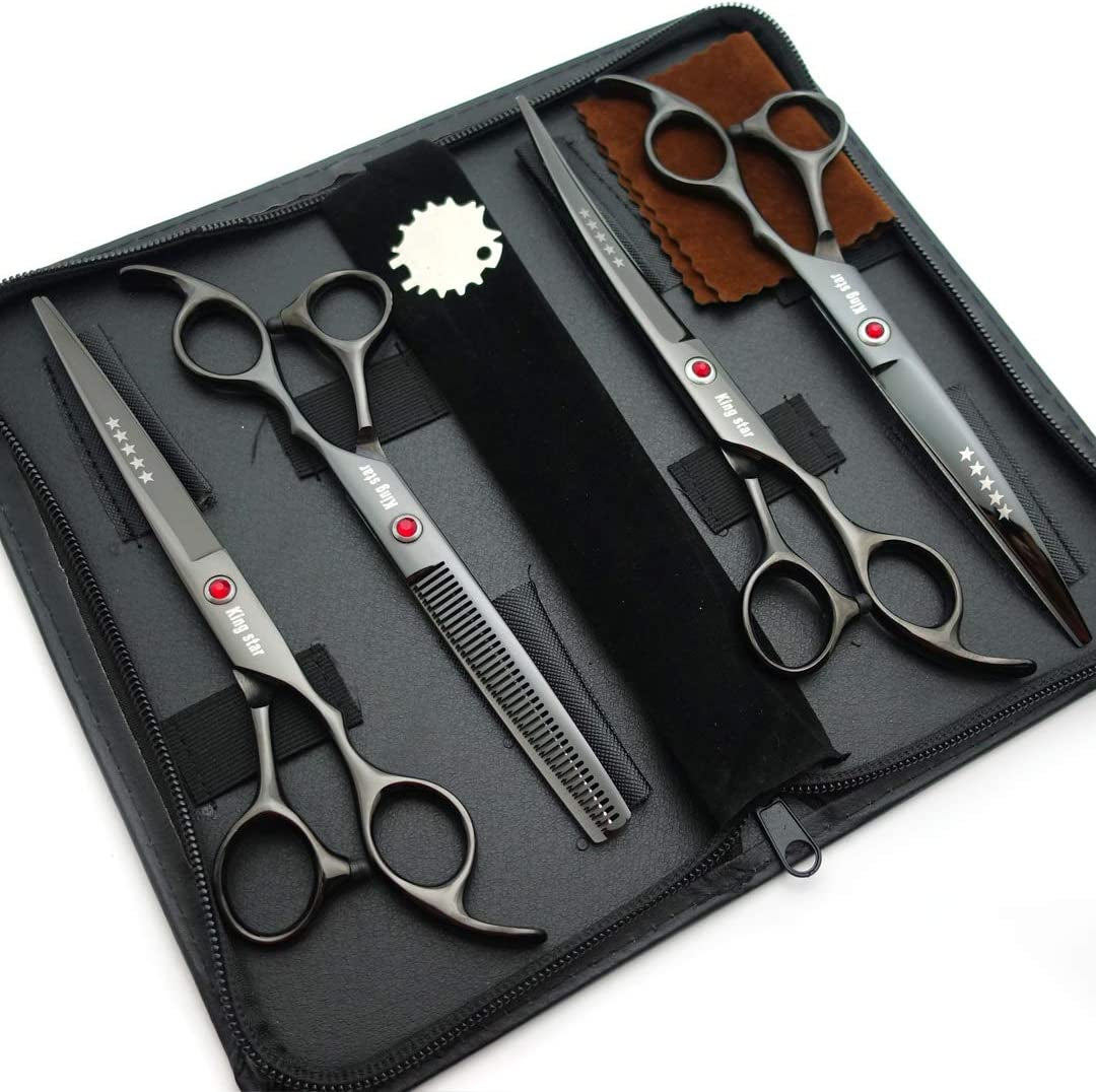 Titanium Professional Dog Grooming Scissors Set,Straight & Thinning & Curved Scissors 4Pcs Set for Dog Grooming (Bright Black)